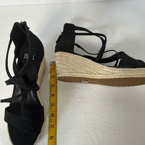 Eileen Fisher Black Wedge Sandals Espadrilles straps zipper back low heel  sz 8 - Picture 11 of 12